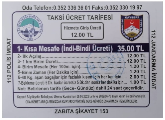 Kayseri Erkilet  Havalimanı taksi ücret tarifesi