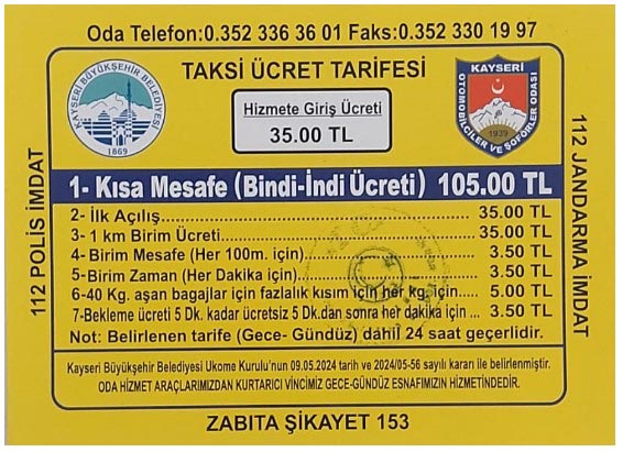 Kayseri Erkilet  Havalimanı taksi ücret tarifesi